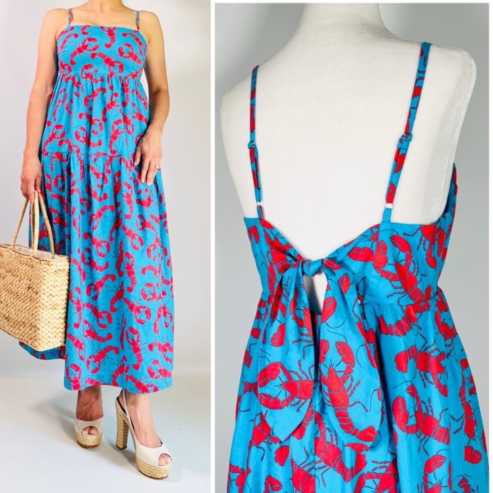 Blue and Red Lobster Print Maxi Dress